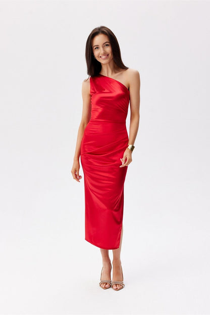 Elegant satin midi dress by Roco Fashion featuring asymmetrical one shoulder and stylish leg slit.