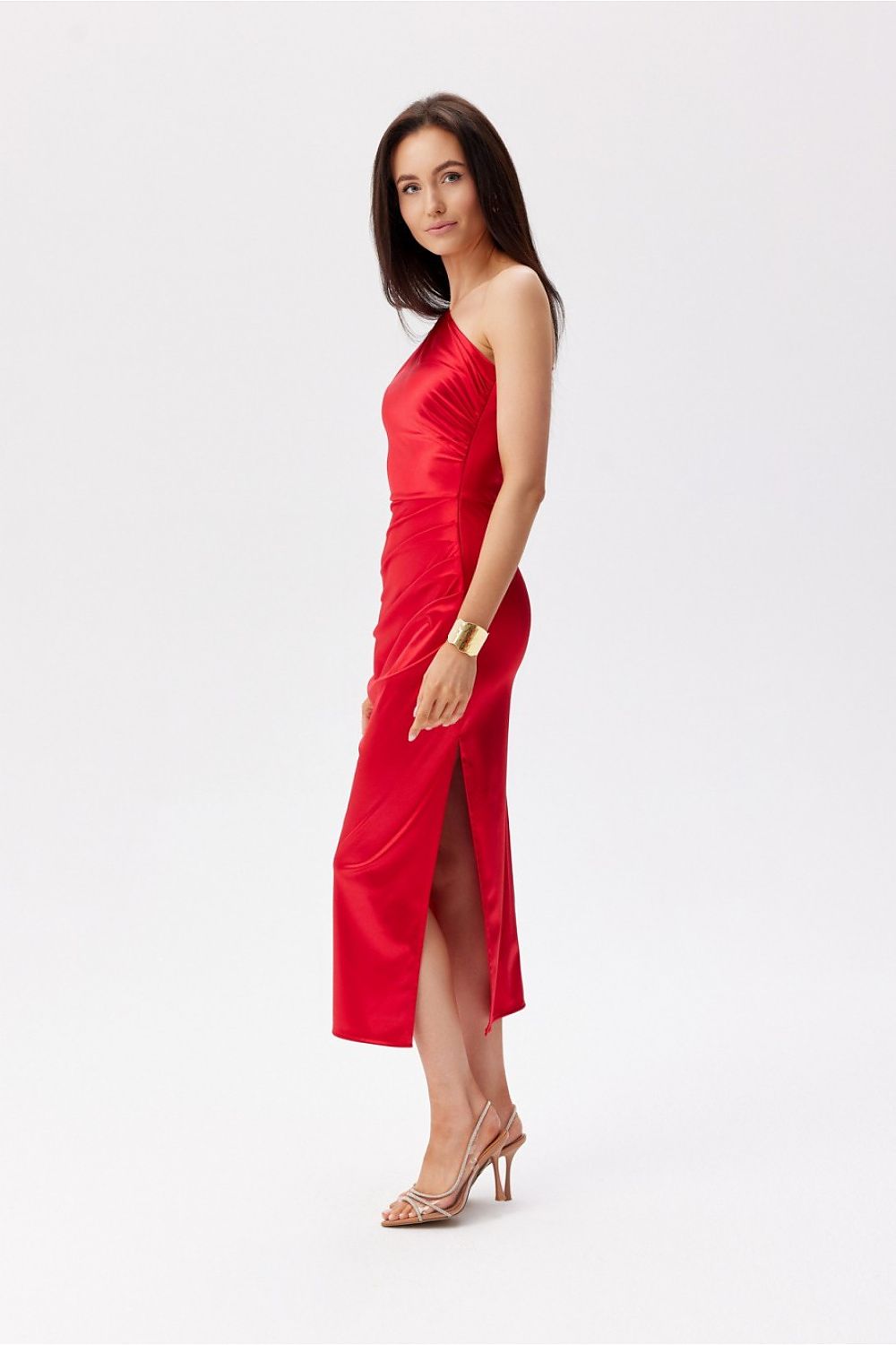 Close-up of Roco Fashion's satin midi dress showcasing luxurious fabric and asymmetrical shoulder design.