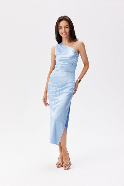 Roco Fashion's elegant satin midi dress in a sophisticated layout, highlighting the exquisite asymmetrical neckline and sleek lines, ideal for chic gatherings.