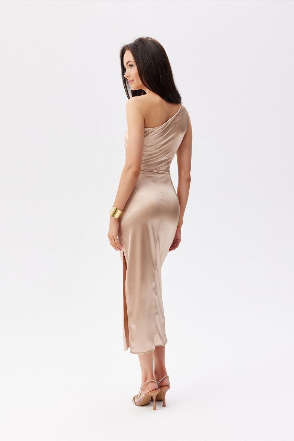 Elegant satin midi dress by Roco Fashion featuring an asymmetrical one-shoulder design and leg slit, ideal for luxurious evening occasions.