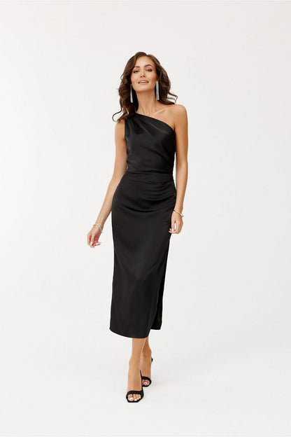 Model wearing Roco Fashion's luxurious satin midi dress, perfect for special events, featuring a unique one-shoulder style and chic leg slit.