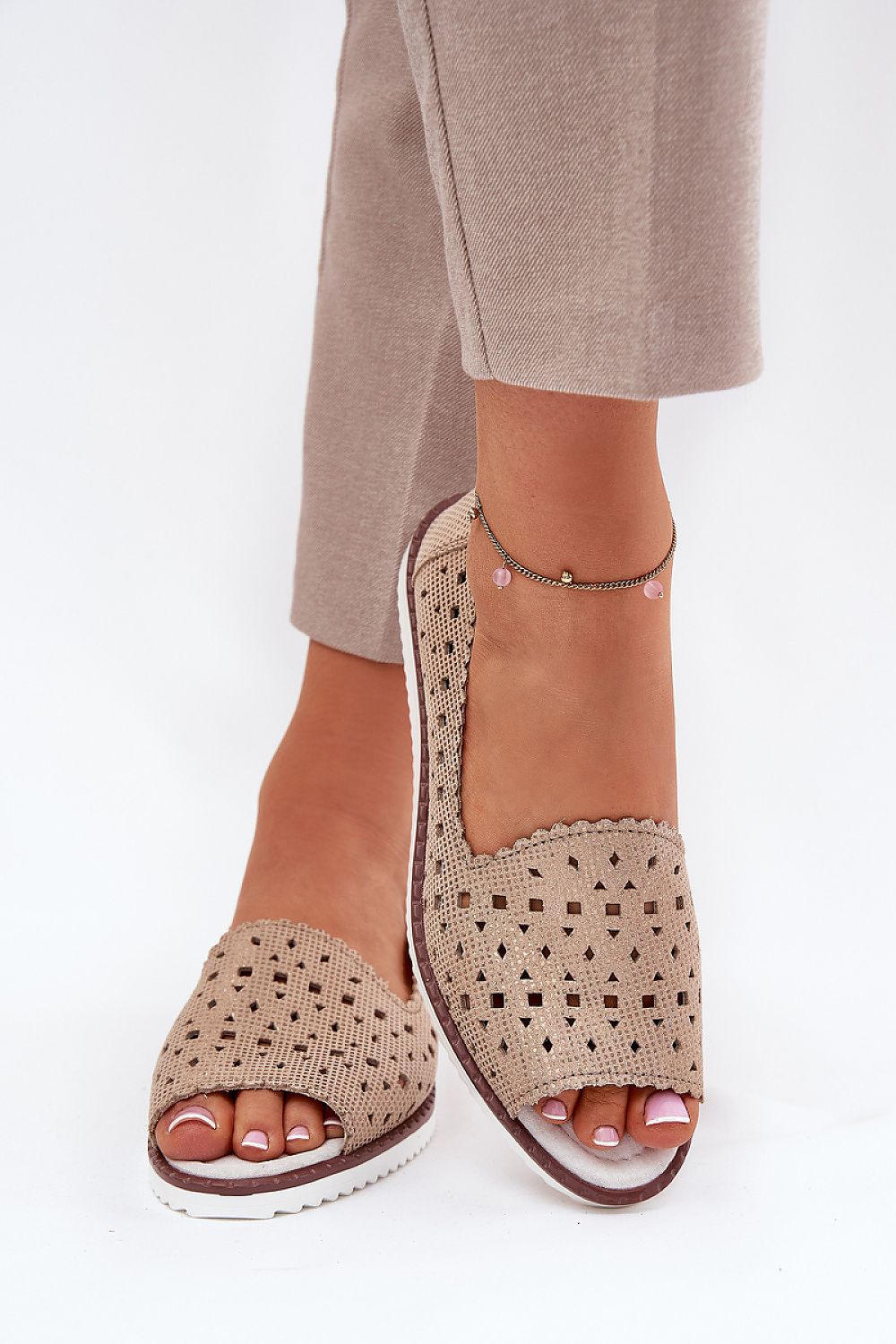 Comfort fit Natural Leather Ballet Flats for Women by Step in Style, highlighting unique lacy patterns and open toe design for a chic and luxurious look.