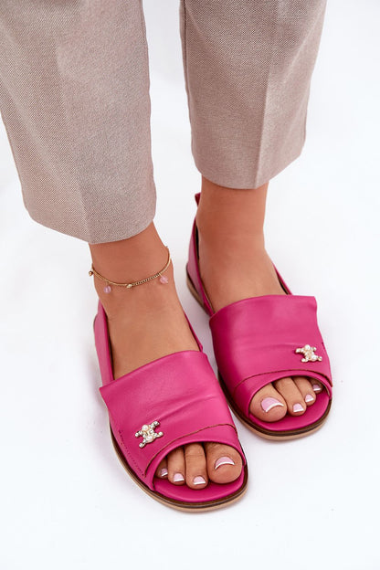 Close-up of luxurious natural leather open-toe ballet flats from Step in Style, highlighting the delicate decoration and premium quality.