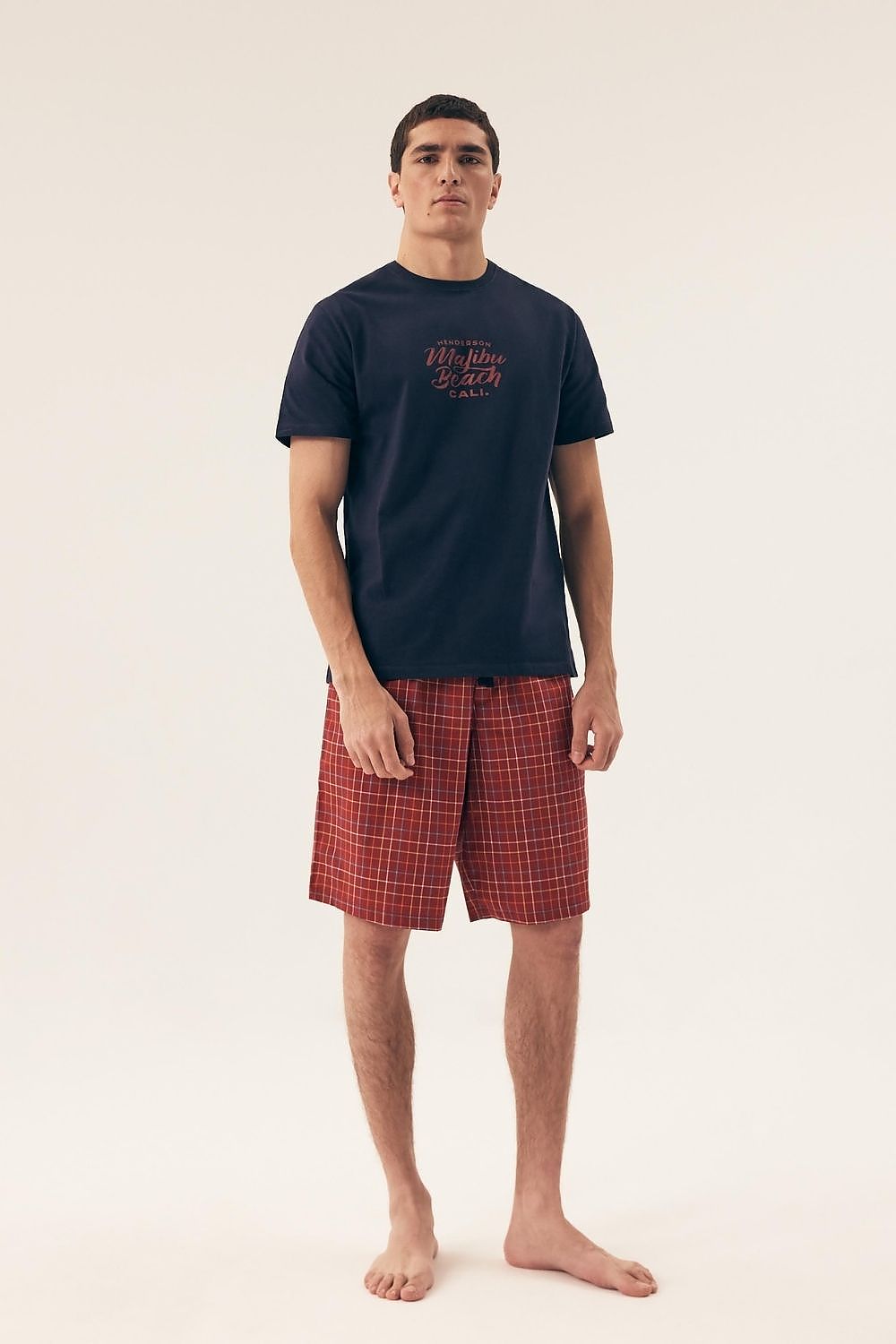 Henderson Men's Cotton Pyjama Set displaying elegant plaid shorts with drawstrings, providing a perfect fit for leisurely summer evenings.