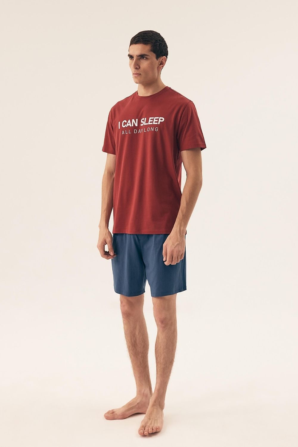 Elegant Henderson men's cotton pajamas showcasing a trendy print on the t-shirt, designed for comfort and relaxation at home.