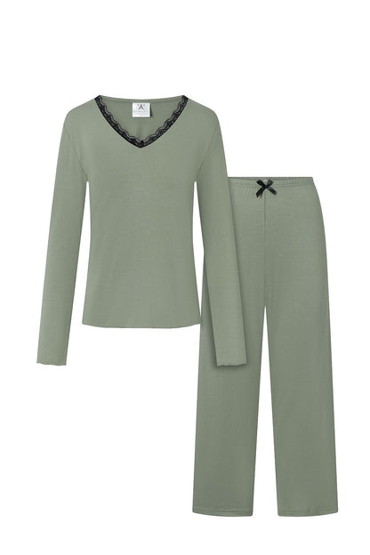 Close-up of Momenti Per Me lace V-neck detail on a luxurious 2-piece pajama set, highlighting the sophistication and design perfect for elegant homewear.