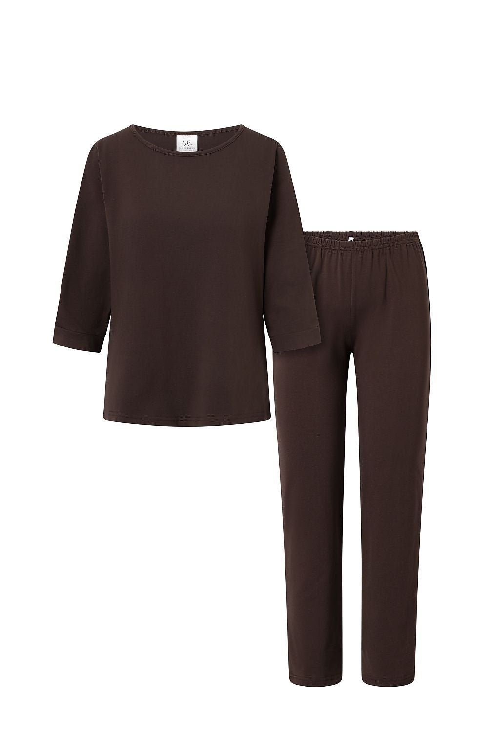 Luxurious soft cotton blend 2-piece pajama set by Momenti Per Me, showcasing slim pants with long legs and an elastic waistband, designed for comfort and elegance in sizes S to XXL.