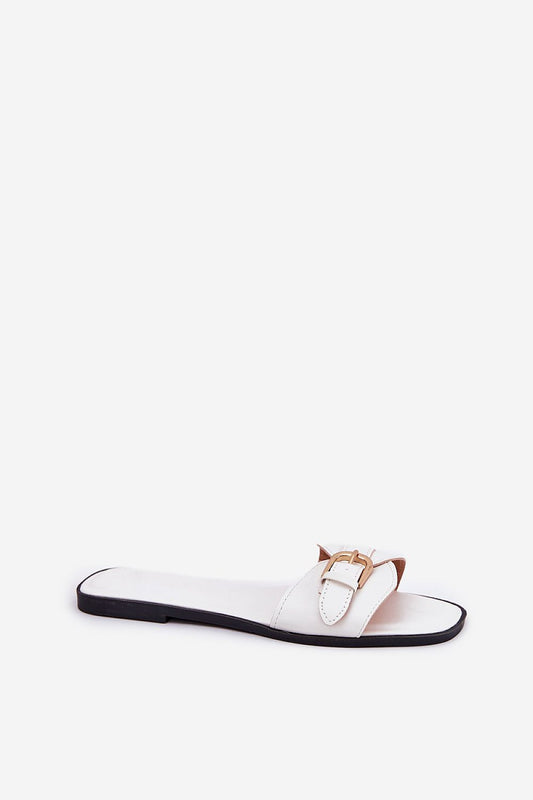 Close-up of Step in Style eco leather flip-flops showcasing the delicate gold buckle detail and luxurious finish.