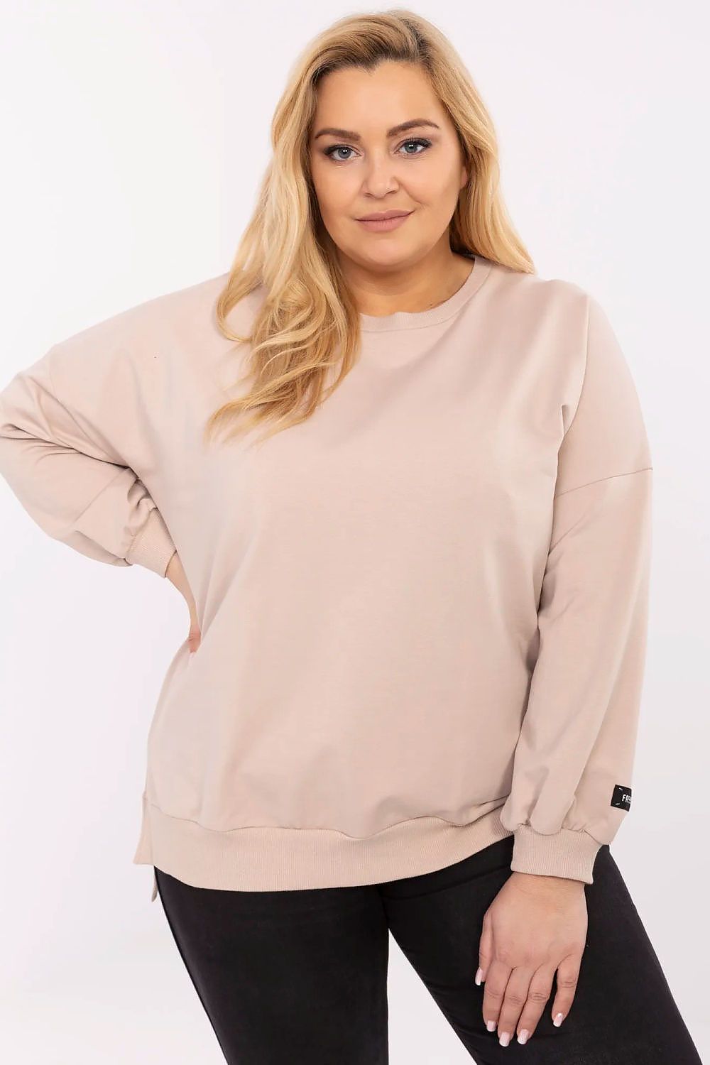 Back view of Relevance plus size casual sweatshirt with modern patch accents, illustrating contemporary luxury fashion for women.