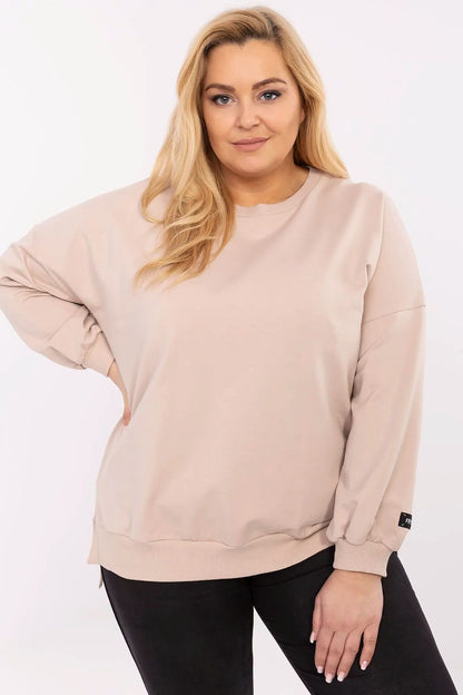 Back view of Relevance plus size casual sweatshirt with modern patch accents, illustrating contemporary luxury fashion for women.