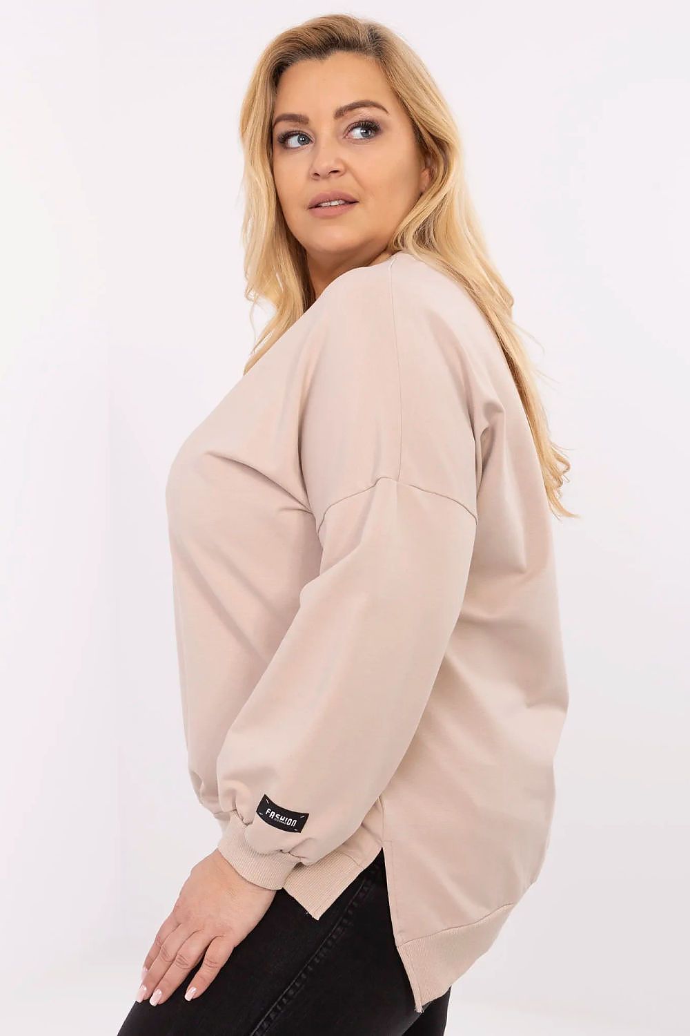 Plus size casual cotton sweatshirt by Relevance, featuring a round neckline and modern accents, perfect for everyday comfort.