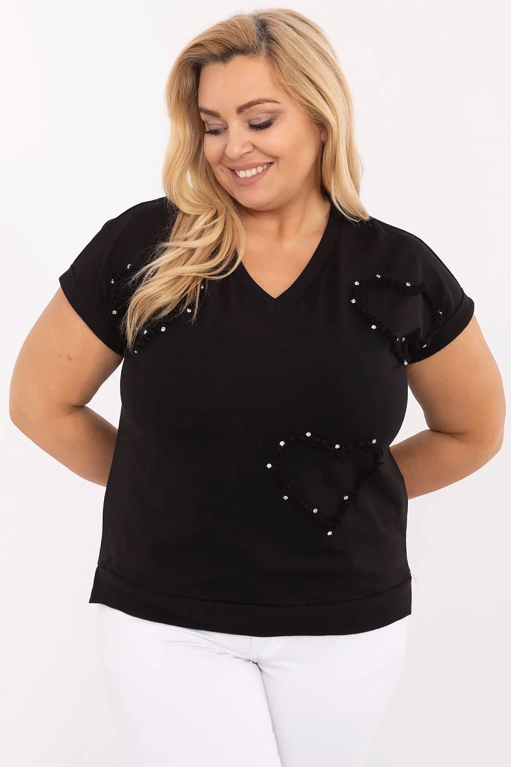 Full view of the Relevance plus size blouse, demonstrating versatility in style, suitable for pairing with jeans or trousers, enhanced by sparkling heart zircon applications.