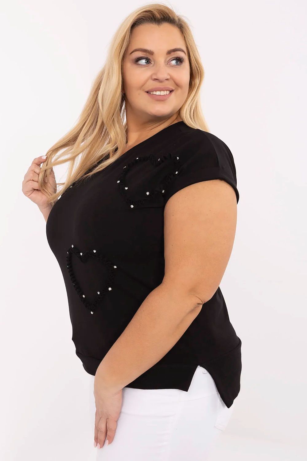 Elegant plus size blouse by Relevance featuring a sweetheart neckline and dazzling heart-shaped zircon embellishments.