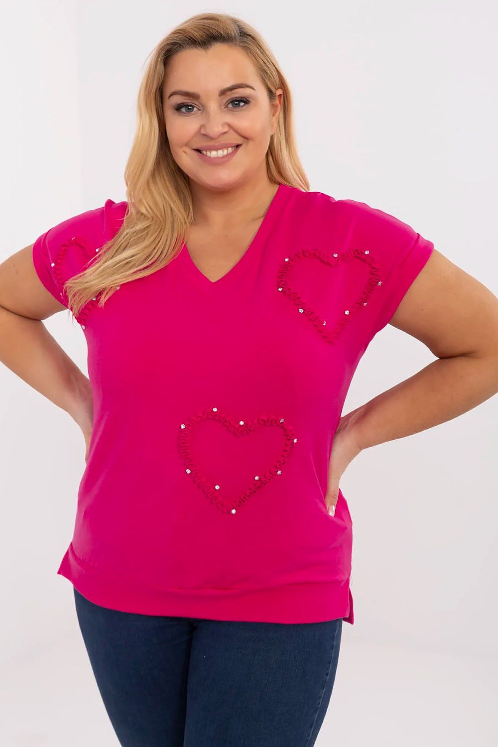 Relevance plus size casual blouse in EU 0 with exquisite heart zircon application, ideal for stylish everyday and office wear.