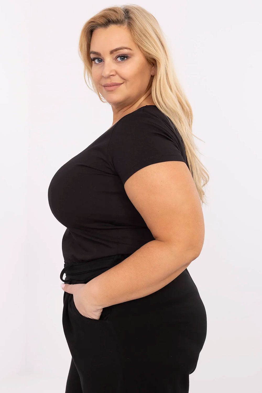 Luxurious plus size women's t-shirt in high-quality cotton blend by Relevance, showcasing a smooth fabric perfect for versatile styling.