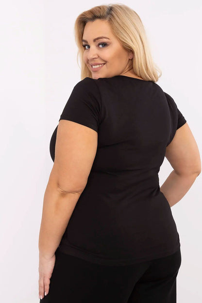 Elegant plus size women's cotton blend t-shirt in black, US XL, designed by Relevance, featuring a classic round neckline and short sleeves.