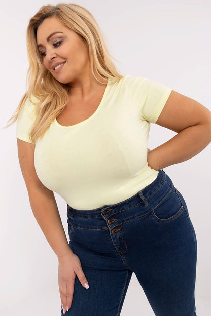 Elegant plus size women's casual t-shirt in cotton blend by Relevance, featuring a classic round neckline and short sleeves, perfect for versatile wardrobe styling.