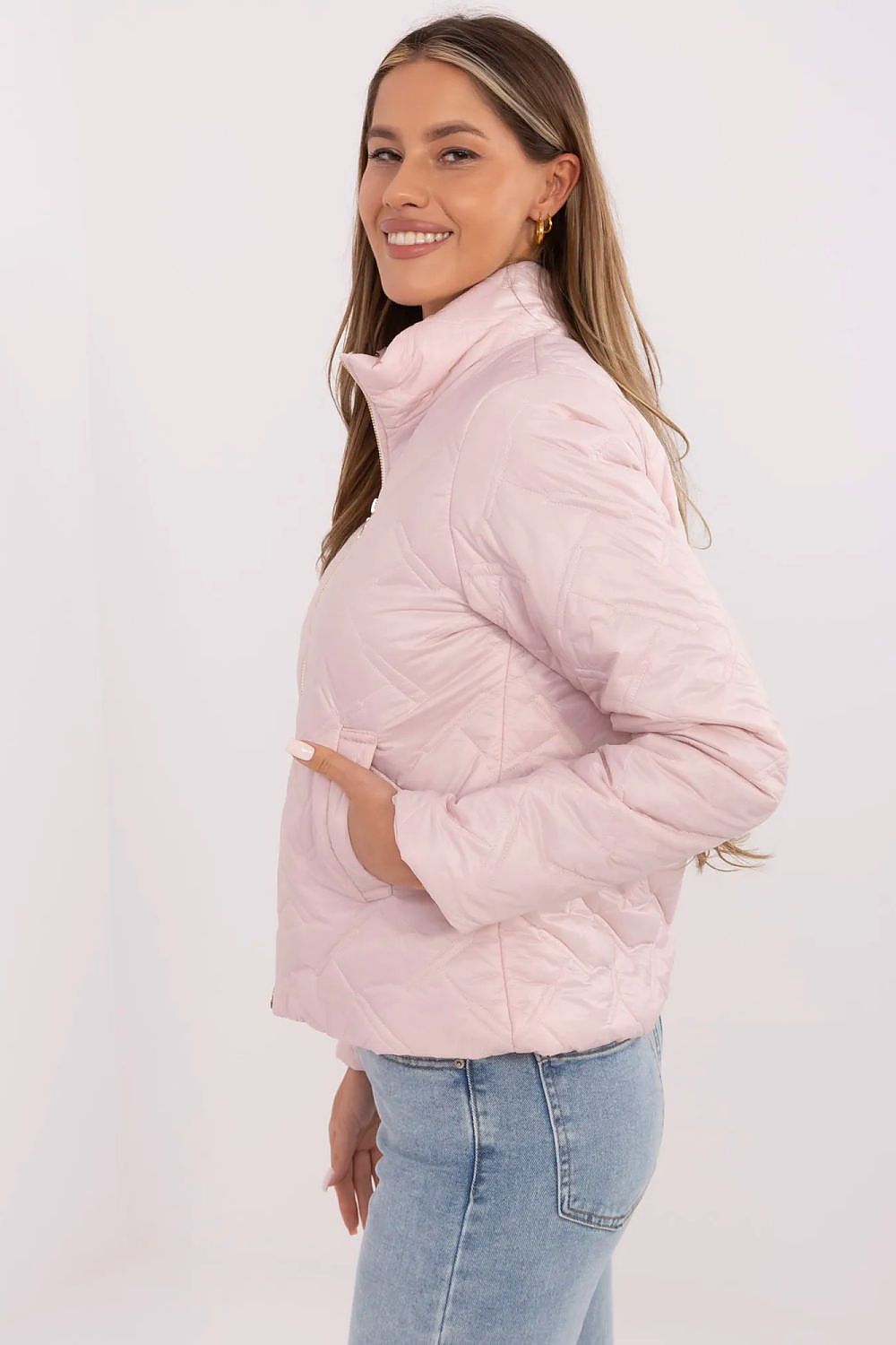 Close-up of Italy Moda women's high-quality nylon quilted jacket, showcasing its durable and stylish texture, ideal for a luxurious casual look.