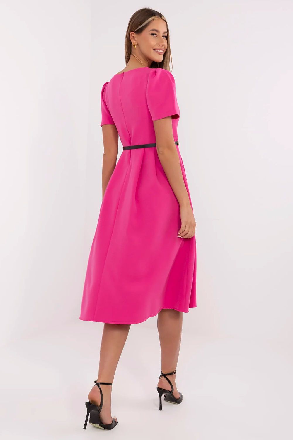 Elegant Midi Daydress by Italy Moda featuring a classic flared cut, soft polyester fabric with elastane for comfort, and subtle ruching that enhances the feminine silhouette, perfect for both office wear and formal occasions.