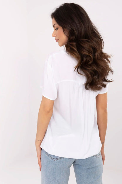 Elegant eco-friendly viscose blouse by Sublevel, featuring a stylish V-neck and stand-up collar, perfect for casual wear.