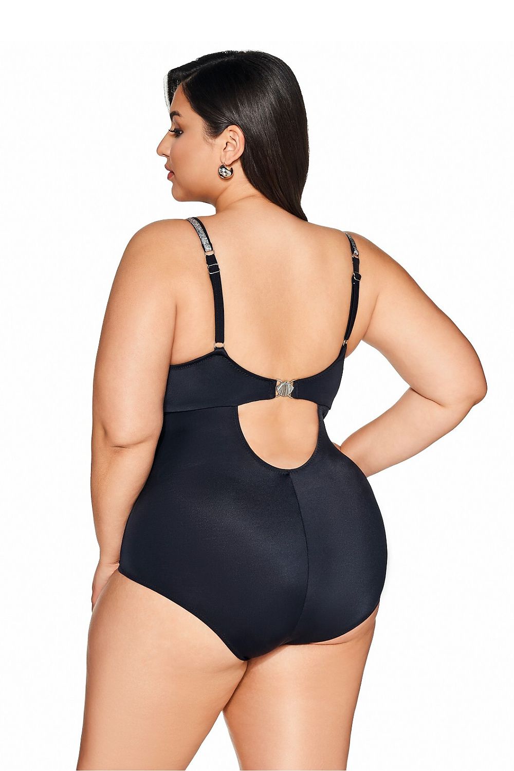 Luxurious Ava one-piece swimsuit, showcasing a sophisticated design with shiny ribbons, perfect for enhancing bust support and comfort.