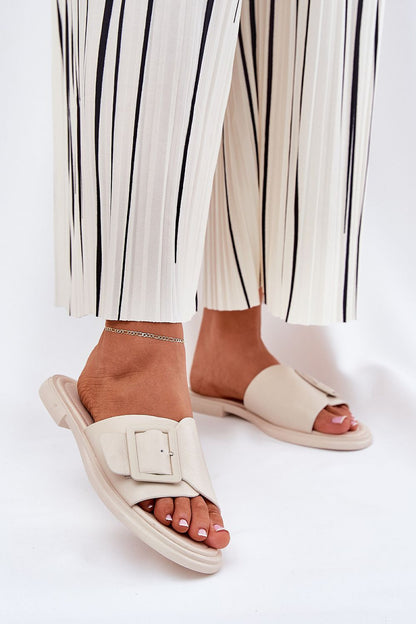 Elegant women's leather sandals with buckle by Step in Style, featuring a chic flat heel design, available in EU sizes 36-41 for luxury summer comfort.