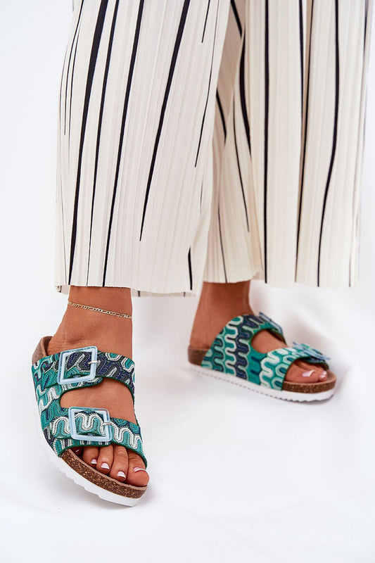 Luxury patterned women's flip-flops with cork platform and sequin buckles by Step in Style, designed for ultimate comfort and elegance.