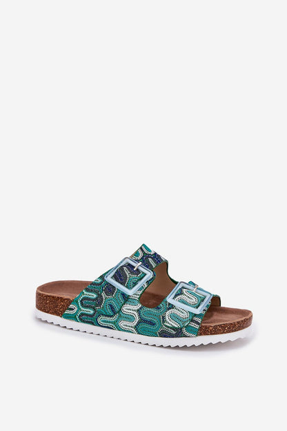 Stylish women's textile flip-flops featuring a cork base and decorative sequin straps by Step in Style, perfect for summer outfits.