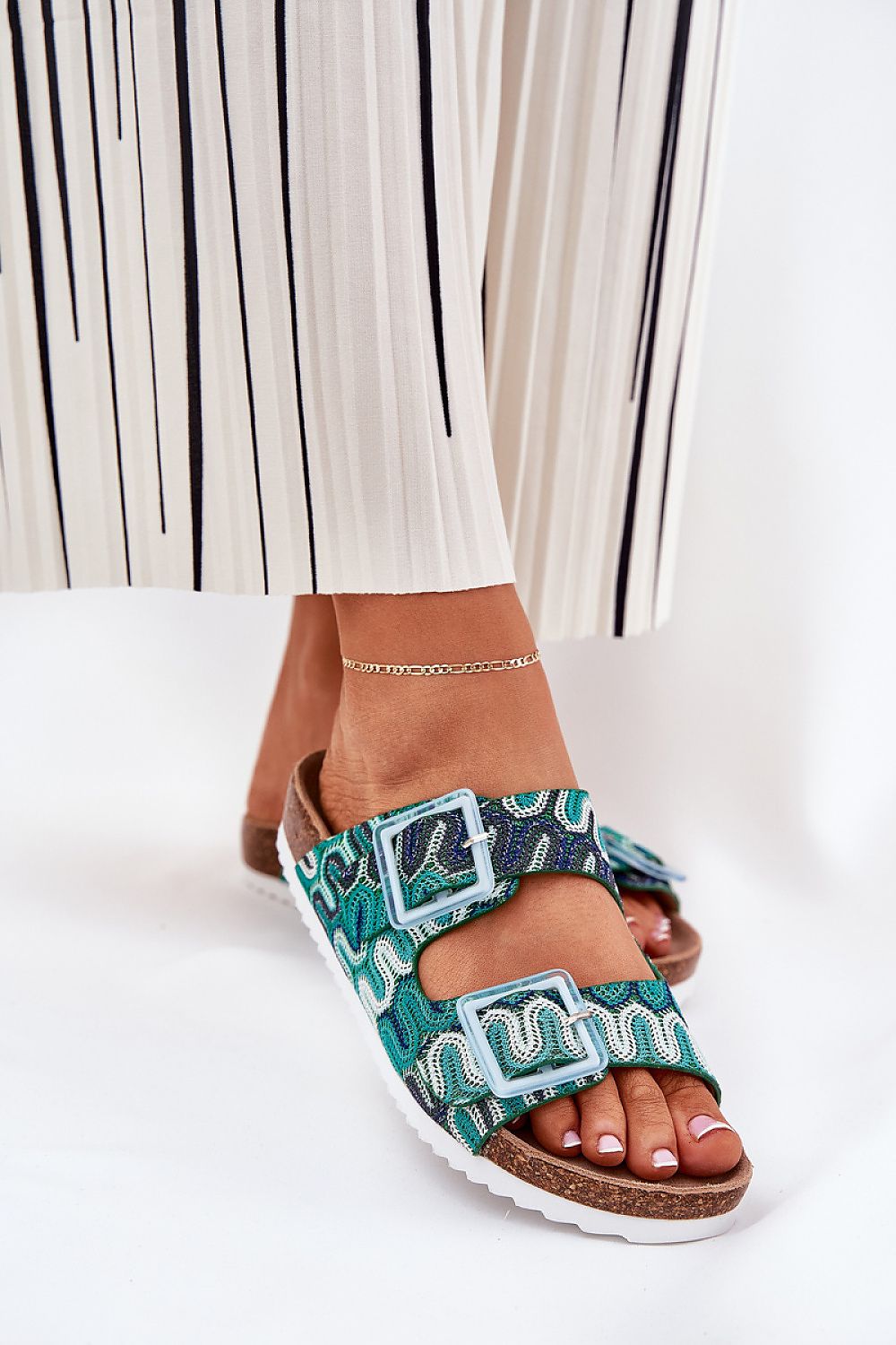 Luxury patterned women's flip-flops by Step in style, featuring a chic cork platform and sequin buckles, perfect for summer outfits.