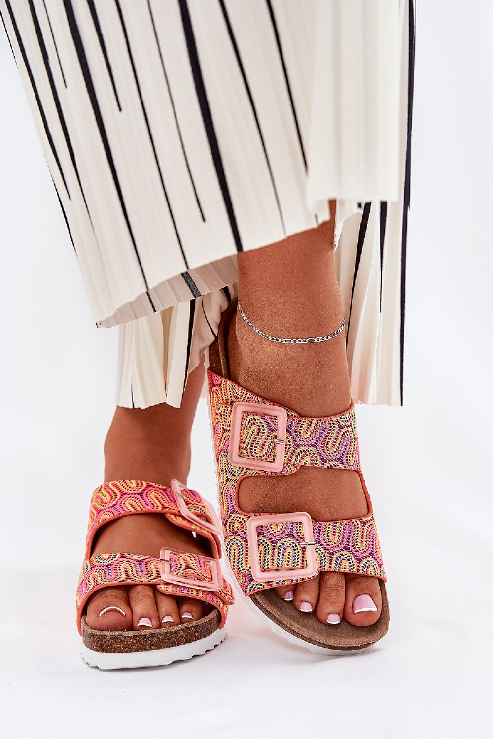 Luxury women's patterned flip-flops by Step in Style, featuring a cork platform and sequined buckles, perfect for summer elegance.