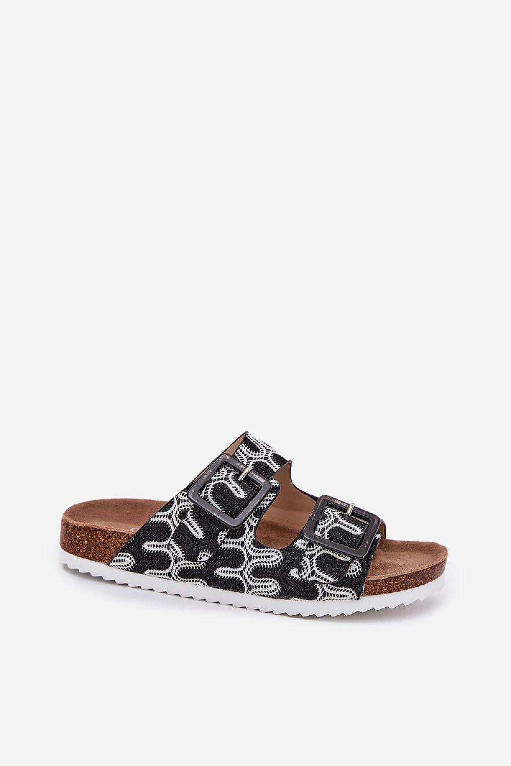 Chic summer footwear: Luxury patterned flip-flops by Step in Style featuring a comfortable cork platform and eye-catching sequin buckle detailing.