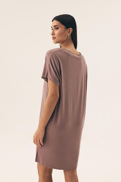 Close-up of Henderson nightshirt made from 95% viscose and 5% spandex, emphasizing comfort and style in knee-length sleepwear for sizes S to XL.