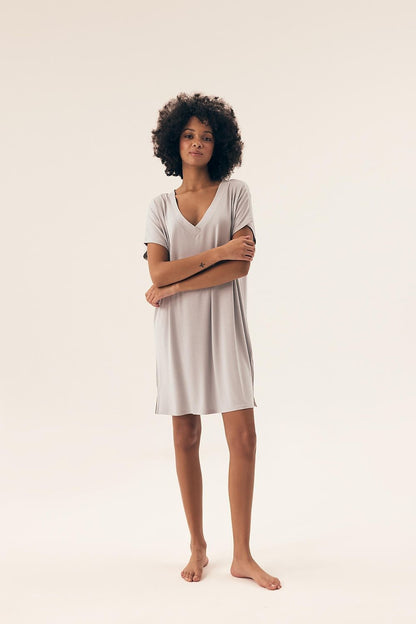 Luxury Henderson Knee-Length Nightshirt in breathable fabric with a V-neck and short sleeves, available in sizes S to XXL.