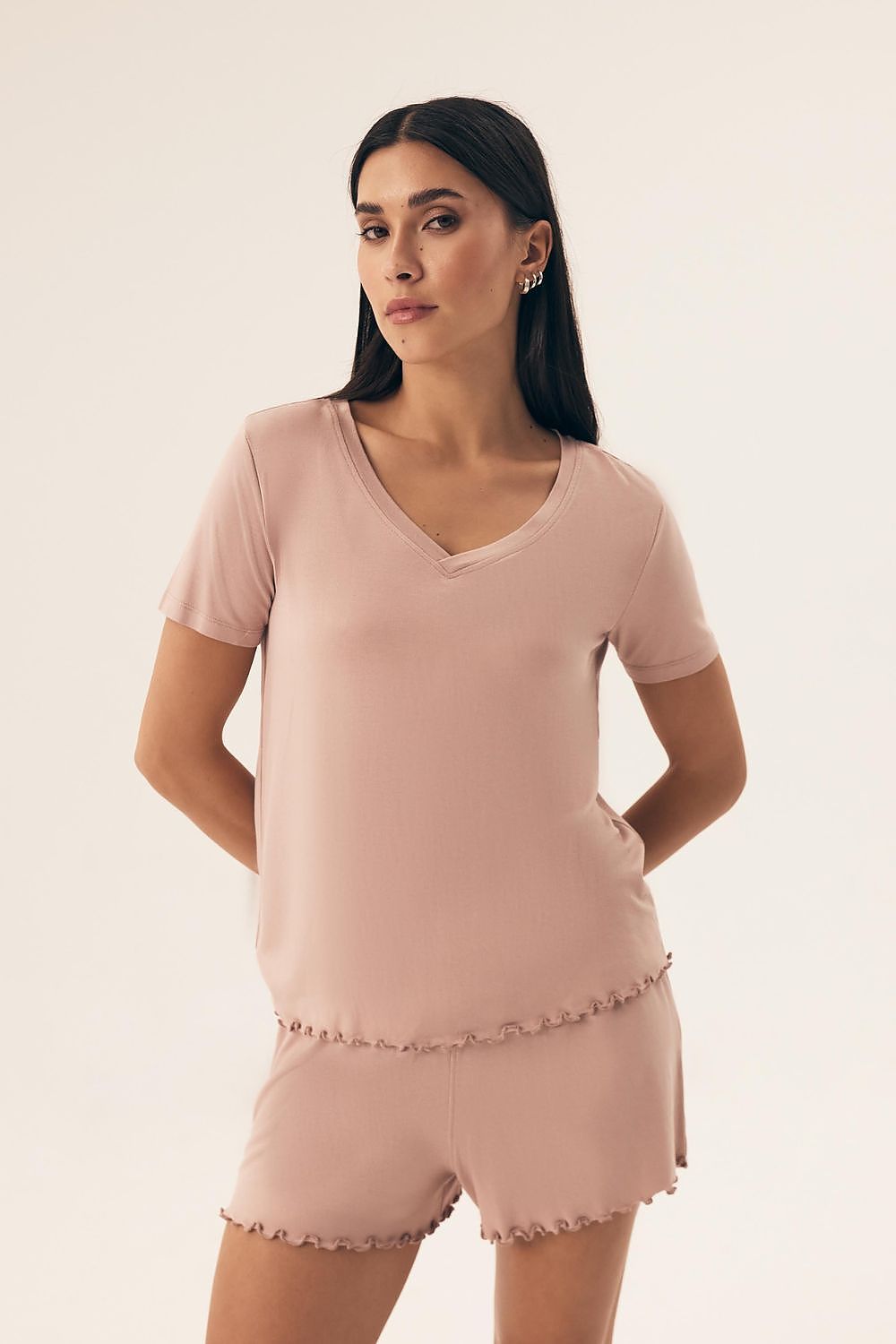 Luxurious Viscose Women's Pyjamas Set with Lace by Henderson, featuring a stylish short-sleeved top and comfortable shorts, ideal for warm nights.