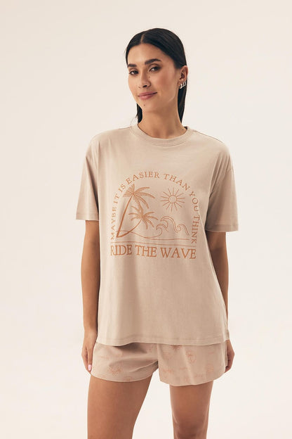 Luxury Henderson women's cotton pyjamas set featuring short sleeves and stylish print shorts, perfect for relaxing at home.