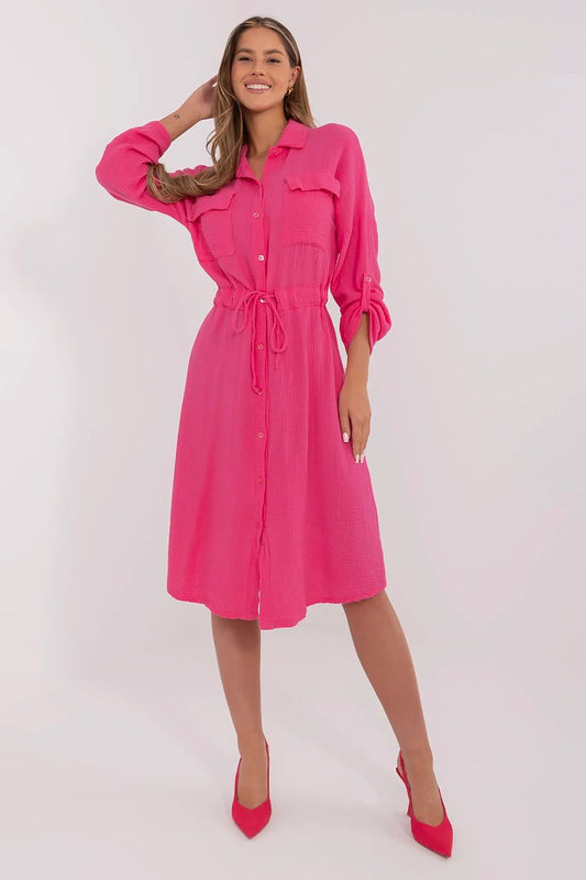 Stylish 100% cotton midi daydress by Italy Moda featuring a classic shirt cut and long sleeves, elegantly designed for versatile wear.
