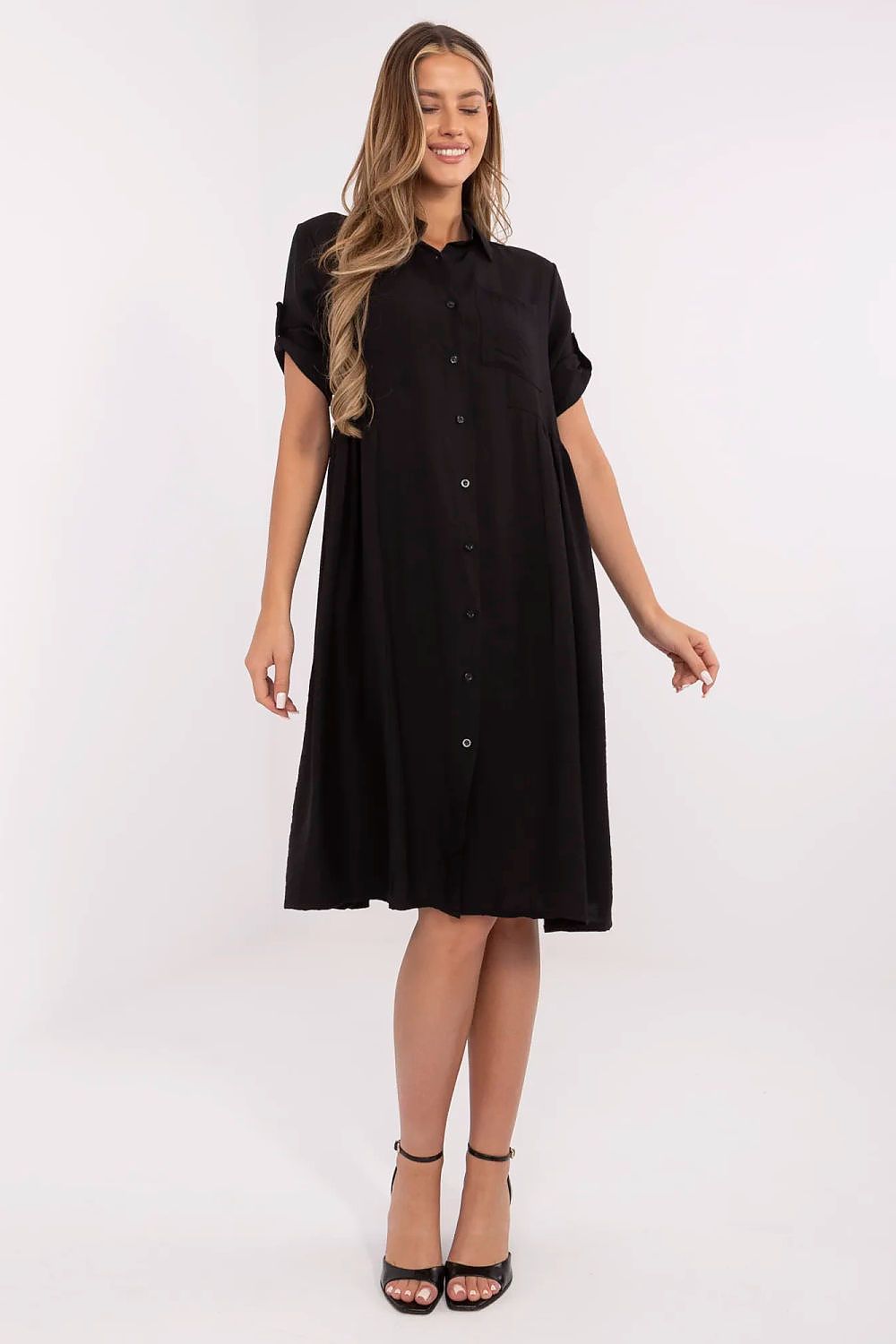 Elegant midi shirt dress by Italy Moda made from a lightweight viscose and nylon blend, featuring a classic collar, decorative pleats, and a chest pocket for a sophisticated yet casual look.