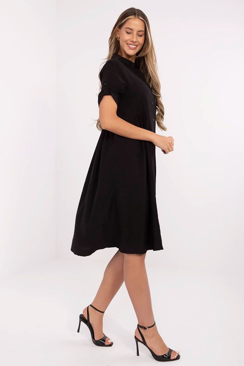 Elegant Midi Shirt Dress by Italy Moda in lightweight viscose and nylon blend, featuring classic collar and pleated details, perfect for sophisticated casual wear.