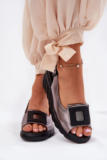 Elegant women's natural leather wedge sandals with buckle by Step in Style, showcasing intricate front decoration for summer sophistication.