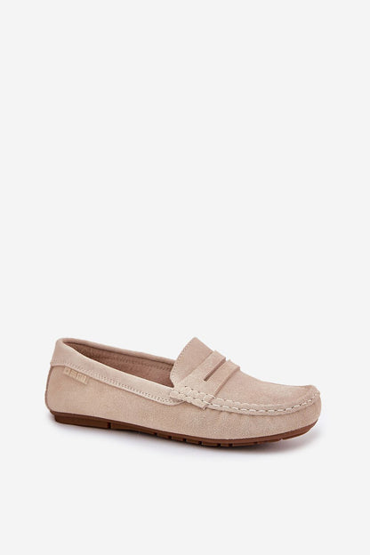 Close-up of Step in Style women's suede loafers featuring high-quality natural suede and soft leather insole for luxurious comfort.