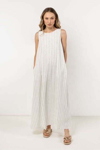 Elegant loose linen maxi dress with stripes by Awama, featuring a boat neck design and V-shaped open back, perfect for warm summer days.