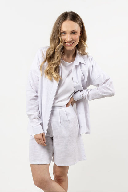 Elegant long sleeve Awama cotton shirt for women featuring a stand-up collar, perfect for versatile summer outfits. Available in sizes S to XL.