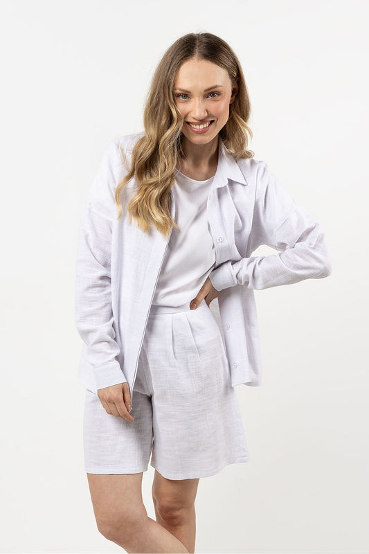 Elegant long sleeve Awama cotton shirt for women featuring a stand-up collar, perfect for versatile summer outfits. Available in sizes S to XL.