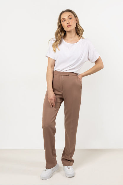 Stylish Awama women's trousers in size L, showcasing a classic straight leg look with decorative back stripes, for a refined appearance.