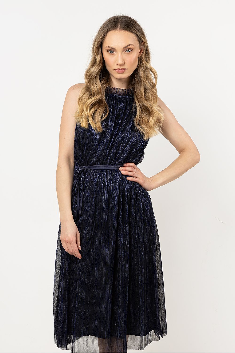 Elegant halter neck evening dress by Awama showcasing exposed shoulders, perfect for special occasions.