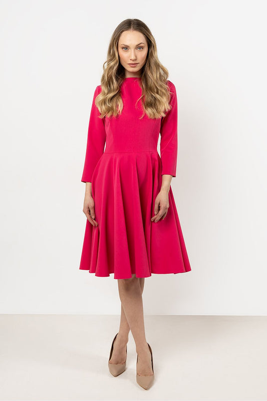 Elegant Awama flared daydress featuring a stylish boat neckline and 3/4 sleeves, perfect for special occasions.