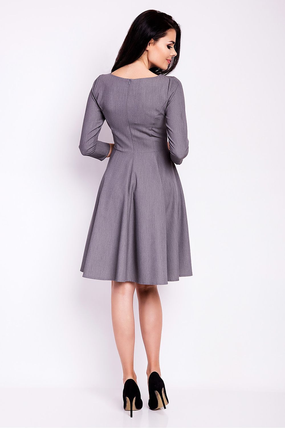 Awama elegant flared daydress in navy with boat neckline and 3/4 sleeves, perfect for sophisticated occasions.