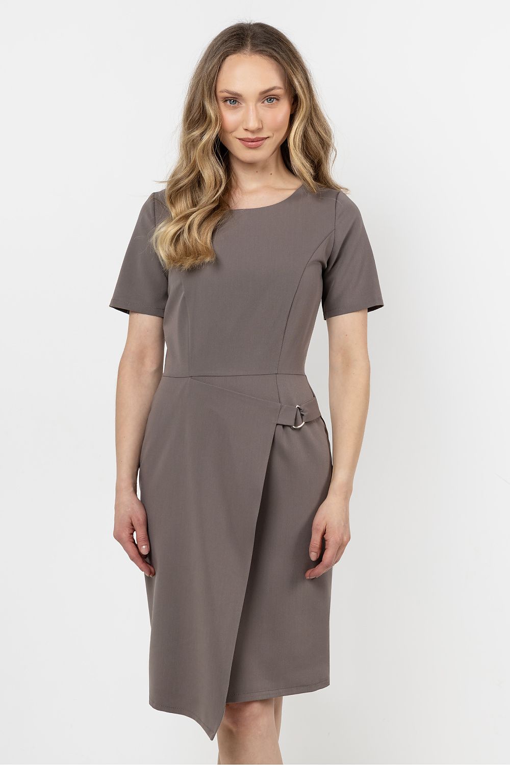 Elegant asymmetrical hem pencil dress by Awama, featuring a fitted design, decorative detailing, and a timeless silhouette, perfect for various occasions.