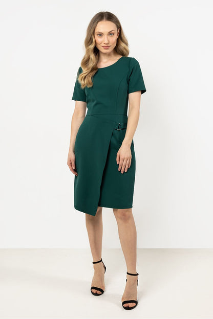 Side view of the Elegant Asymmetrical Hem Pencil Dress by Awama, capturing the flowing hemline and tailored fit that accentuates the female form.