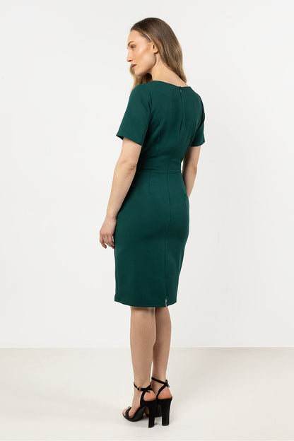 Elegant asymmetrical hem pencil dress by Awama, showcasing its fitted silhouette and unique hem detail, perfect for any occasion.